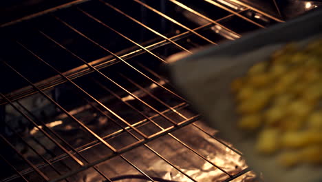 Home-cook-with-oven-mitts-take-out-a-tray-full-of-roasted-potatoes