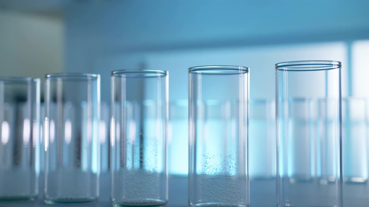 Fila di provette cilindriche di vetro trasparente appoggiate su una superficie di laboratorio, illuminate con tenui tonalità blu. La profondità di campo ridotta e lo sfondo sfocato creano un.