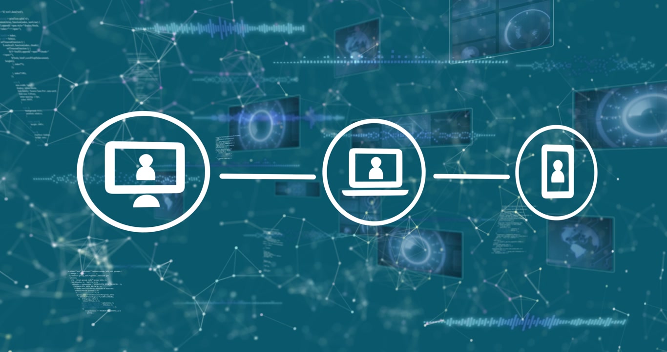 Animation of connected media icons over network of connections and data processing on interface