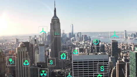 animation of eco icons with data processing over cityscape