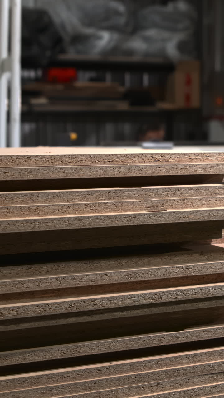 Stacked Plywood Boards At Automated Loader With Suction Hose And Robotic Arm Preparing Panels For Processing . Media