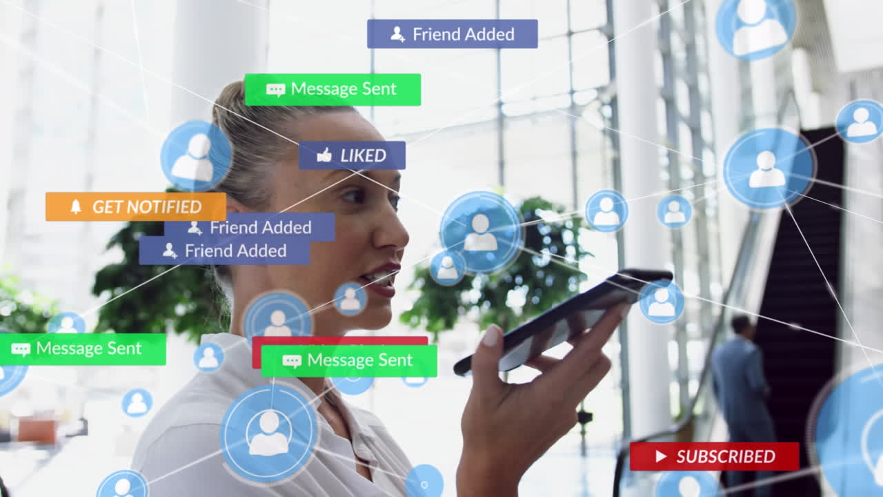 animación de la red de conexiones con iconos sobre mujeres caucásicas que usan teléfonos inteligentes