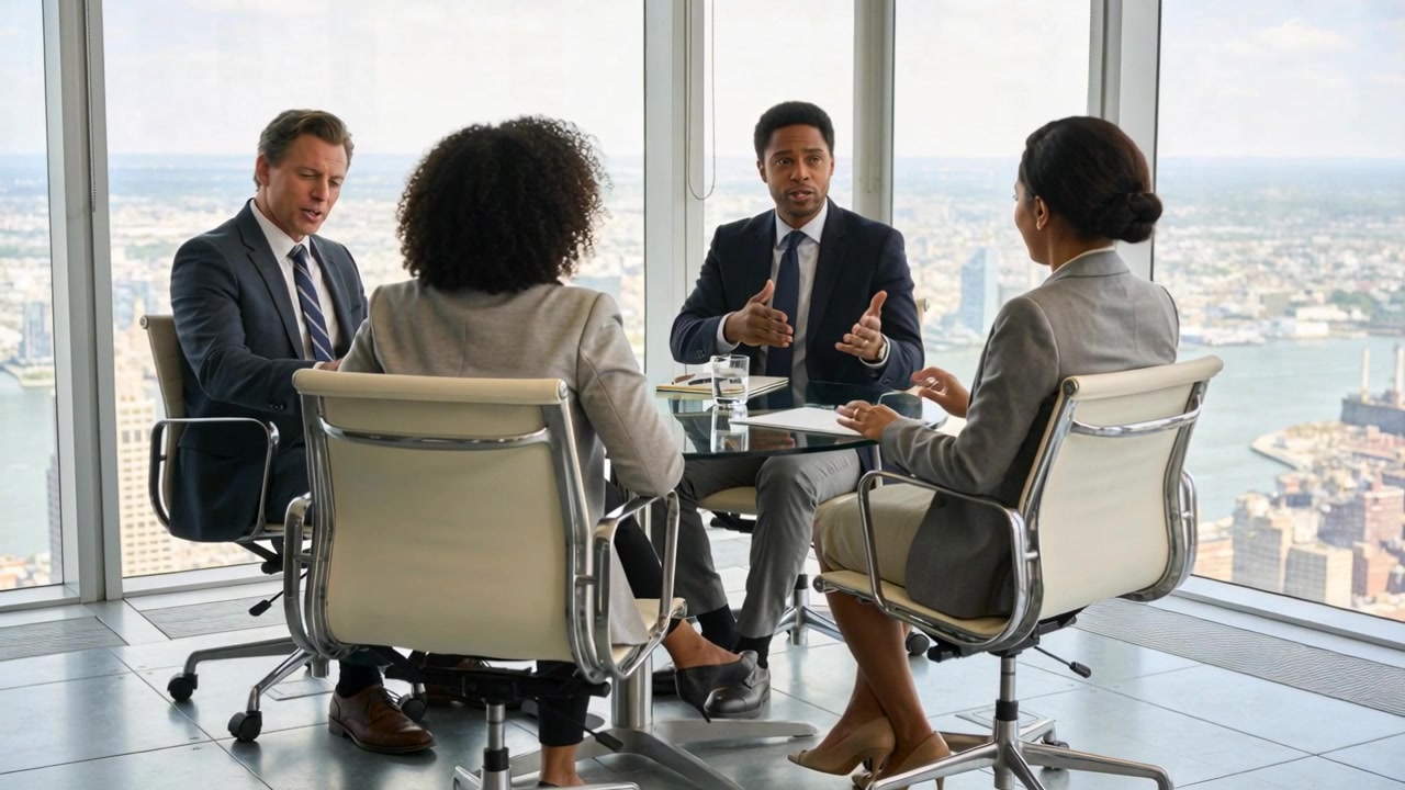 Orateur central penché gesticulant et discutant d'un plan dans un grand bureau, en costumes, autour d'une table ronde en verre