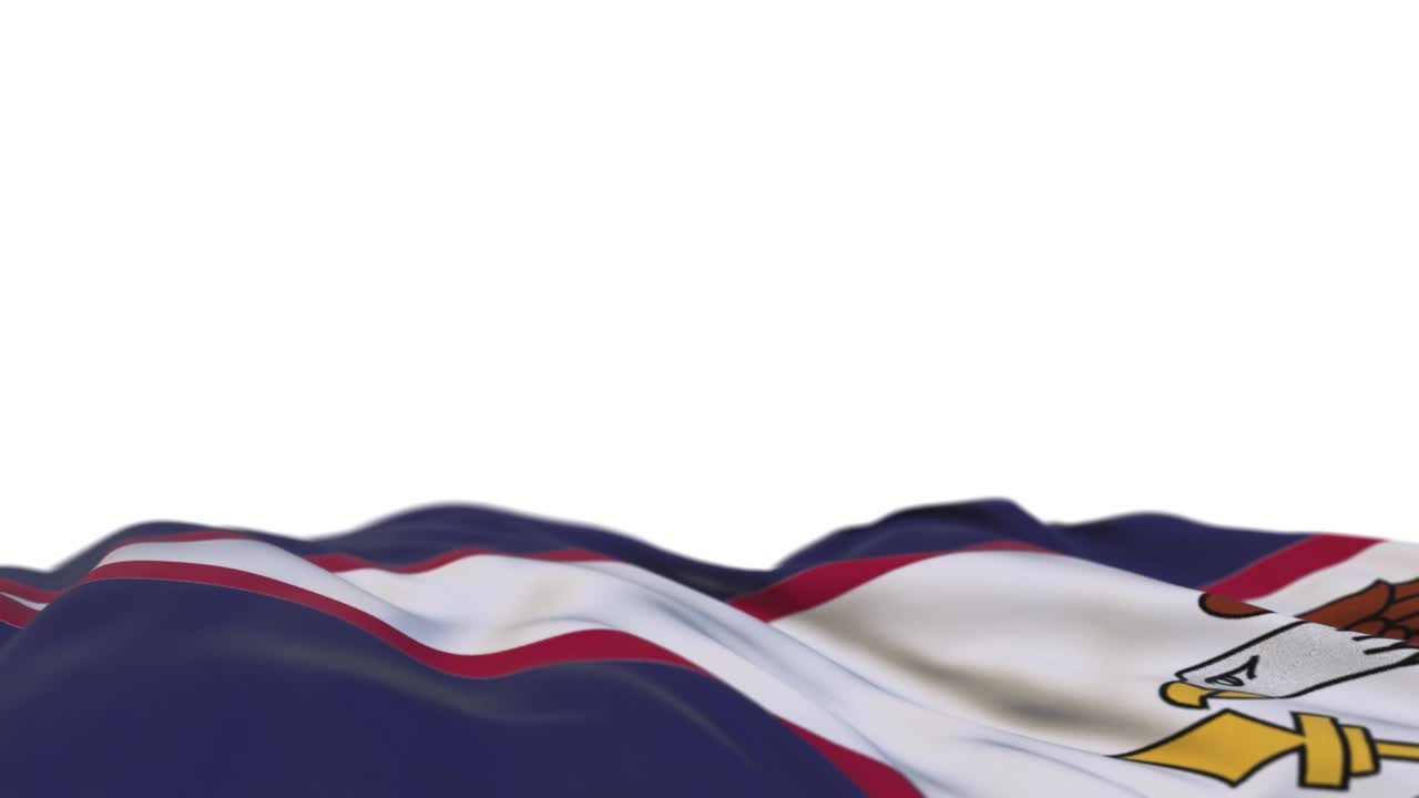 bandera de tela de samoa estadounidense ondeando en el bucle del viento. estandarte de tela cosida bordada de samoa americana balanceándose en la brisa. fondo blanco medio lleno. lugar para el texto. bucle de 20 segundos.