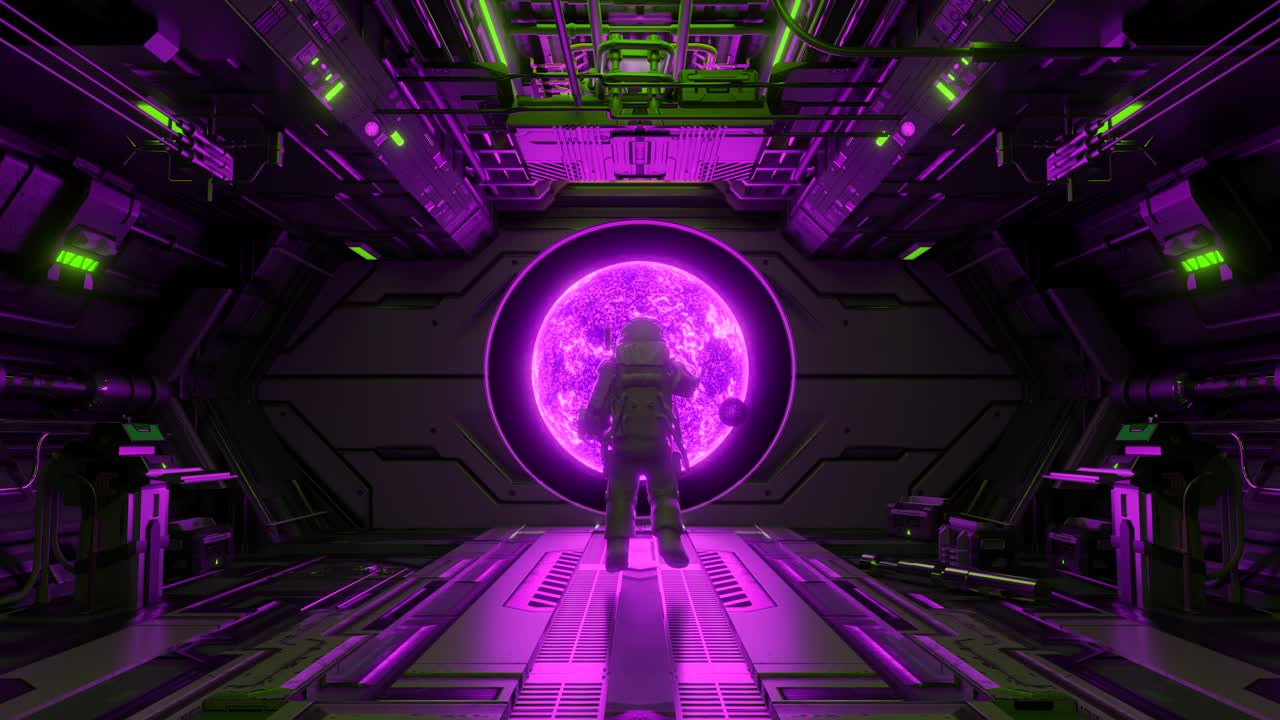 Lone astronaut entering purple portal in spaceship