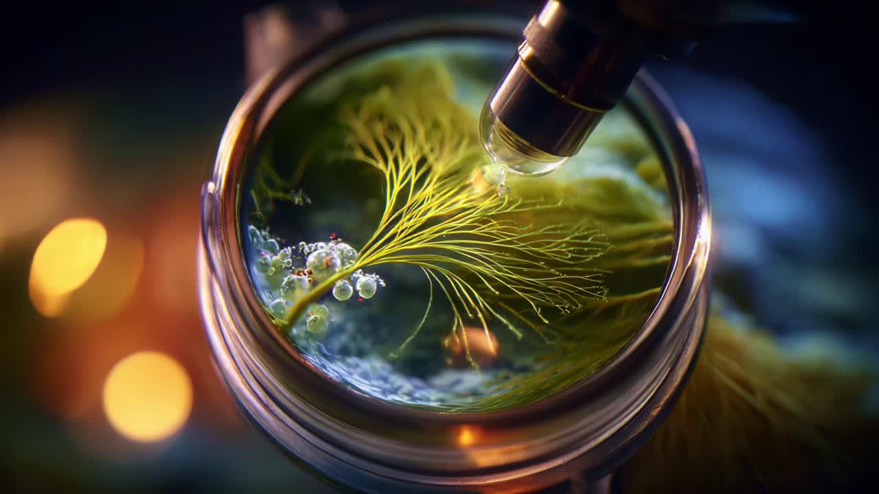 Exploring Microscopic Life: A Detailed Look at Organic Structures Under a Microscope, Revealing the Intricate Beauty of Nature's Tiny Ecosystems in a Glass Container