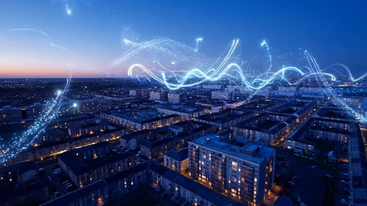 Flusso di dati digitali e connettività di rete su una città di notte