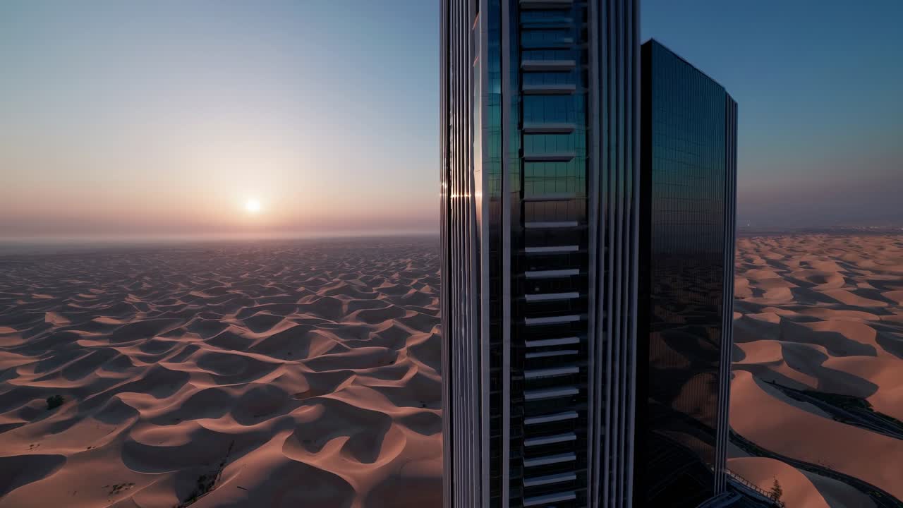 Grattacielo moderno nel deserto all'alba