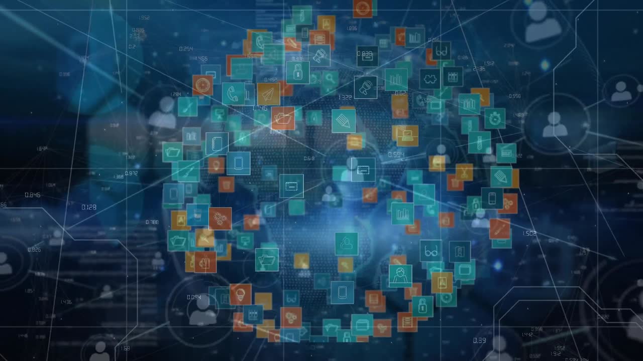 animación de la red de conexiones con iconos sobre fondo azul