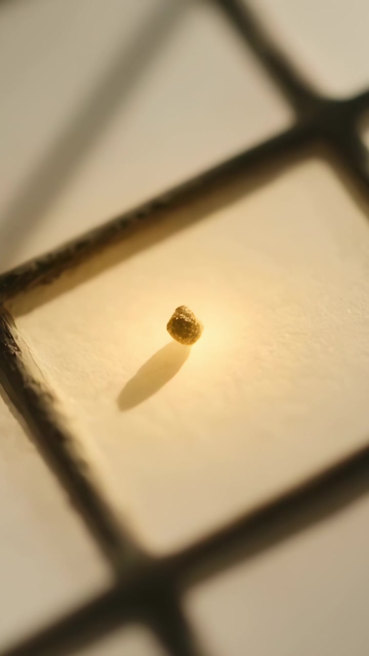 Vertical video: Panning camera nudging small amber seed centering and focusing on lit square, grid