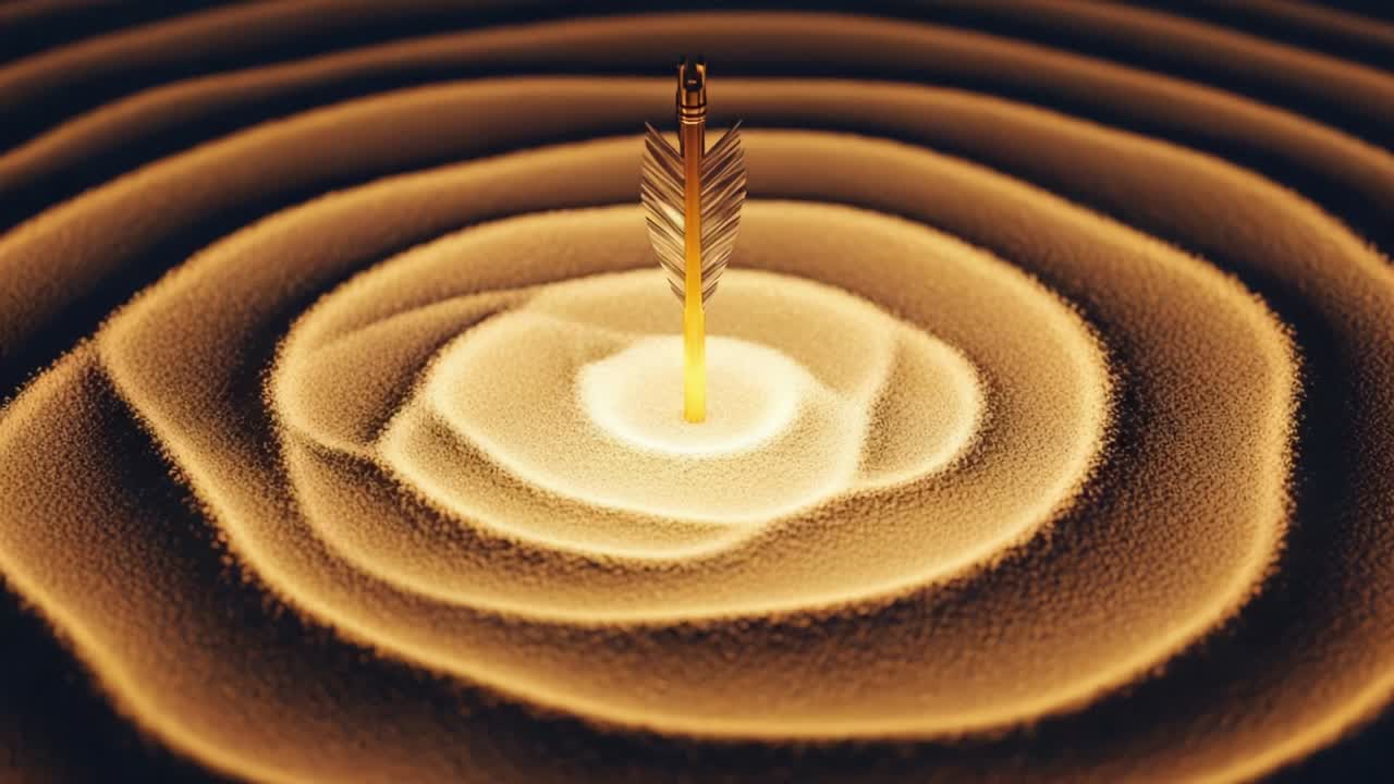 A Detailed Exploration of Circular Patterns Formed Around a Centered Quill in a Golden Sand Landscape, Capturing the Beauty of Nature's Symmetry and Tranquility