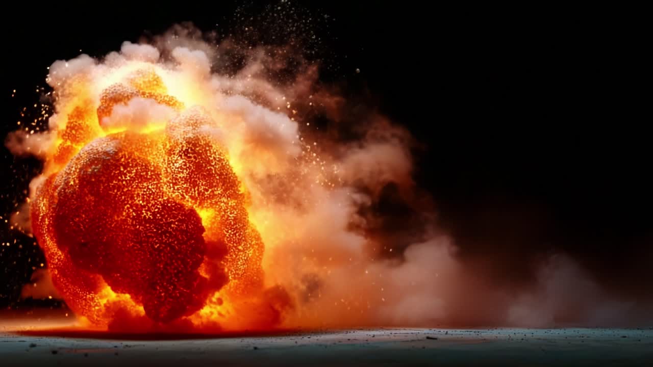 Dynamic Explosion Sequence Captured in Two Frames Illustrating the Intensity and Detail of a Large Blast with Fiery Glow and Debris Emission in Dark Environment