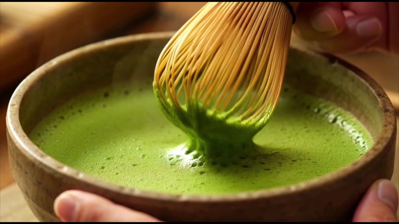 Pessoa batendo chá verde Matcha em uma tigela de cerâmica.