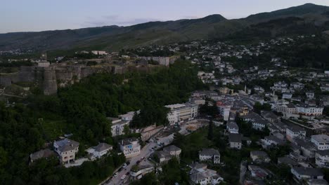 Aerial-view-of-the-castle-of-Gjirokastër-in-Albania,-world-heritage-site,-Albania