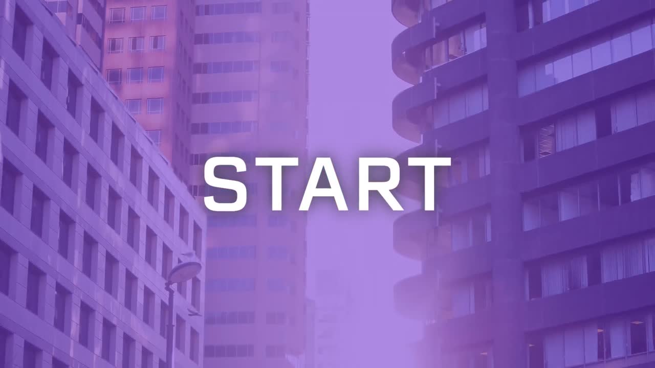 Animation of start text in white, over city buildings and lilac sky