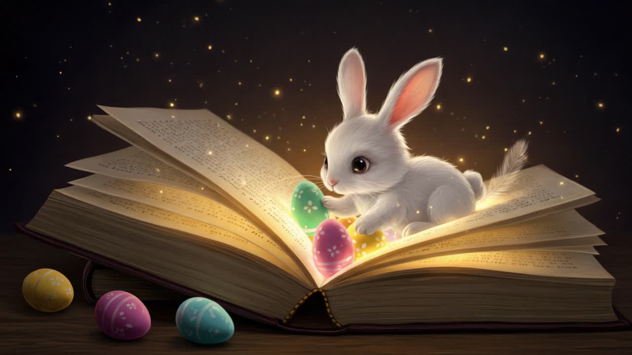 A Whimsical Rabbit Unveils a Magical Storybook Adventure Amidst Colorful Easter Eggs and Glimmering Stars in a Dreamy Literary Landscape