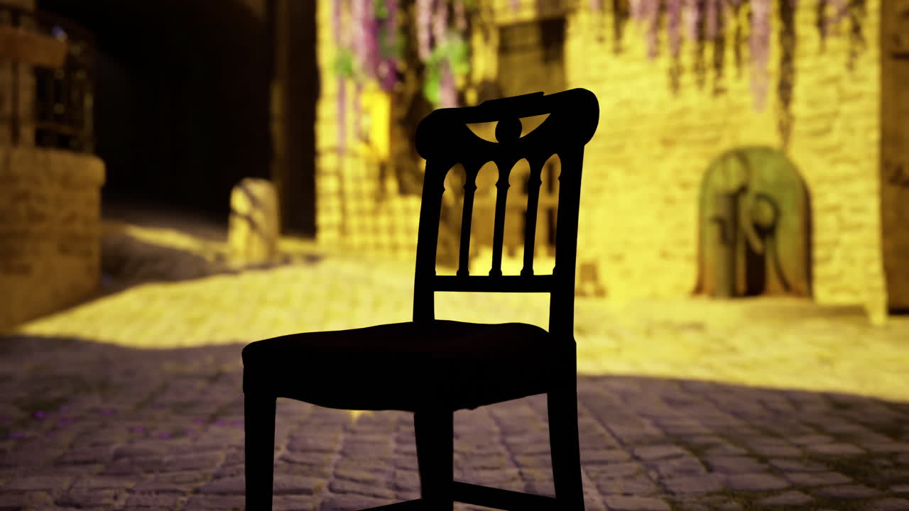 Charming empty chair on cobblestone street illuminated by golden light