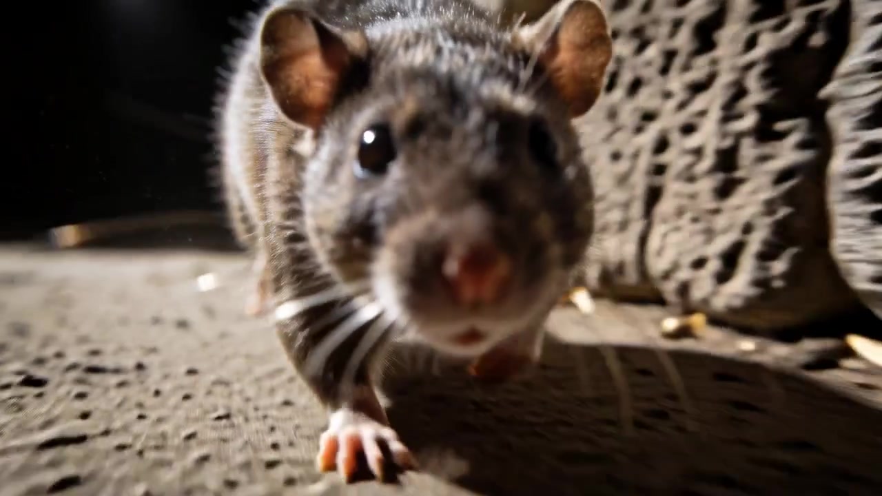 Oliendo semillas esparcidas, pequeña rata parda gris acercándose al borde bajo de la cámara, olfateando la lente y la pared