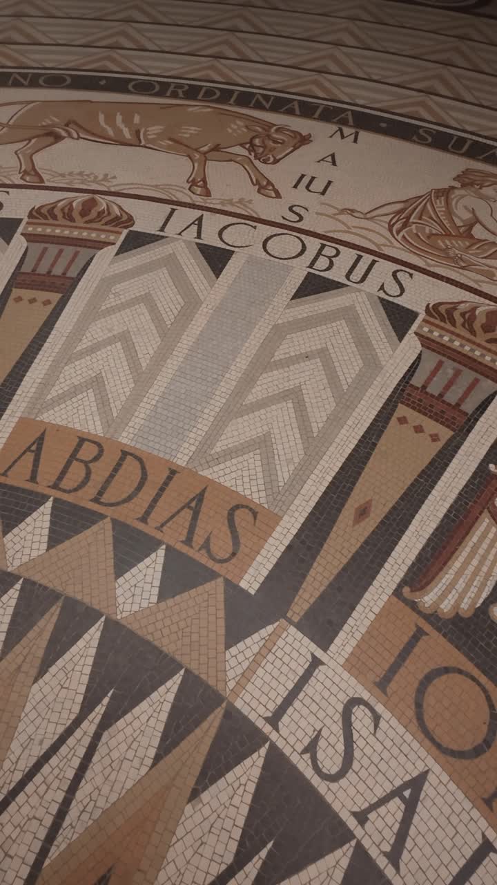 Mosaic floor detail in Dormition Abbey, Jerusalem. Slow motion.