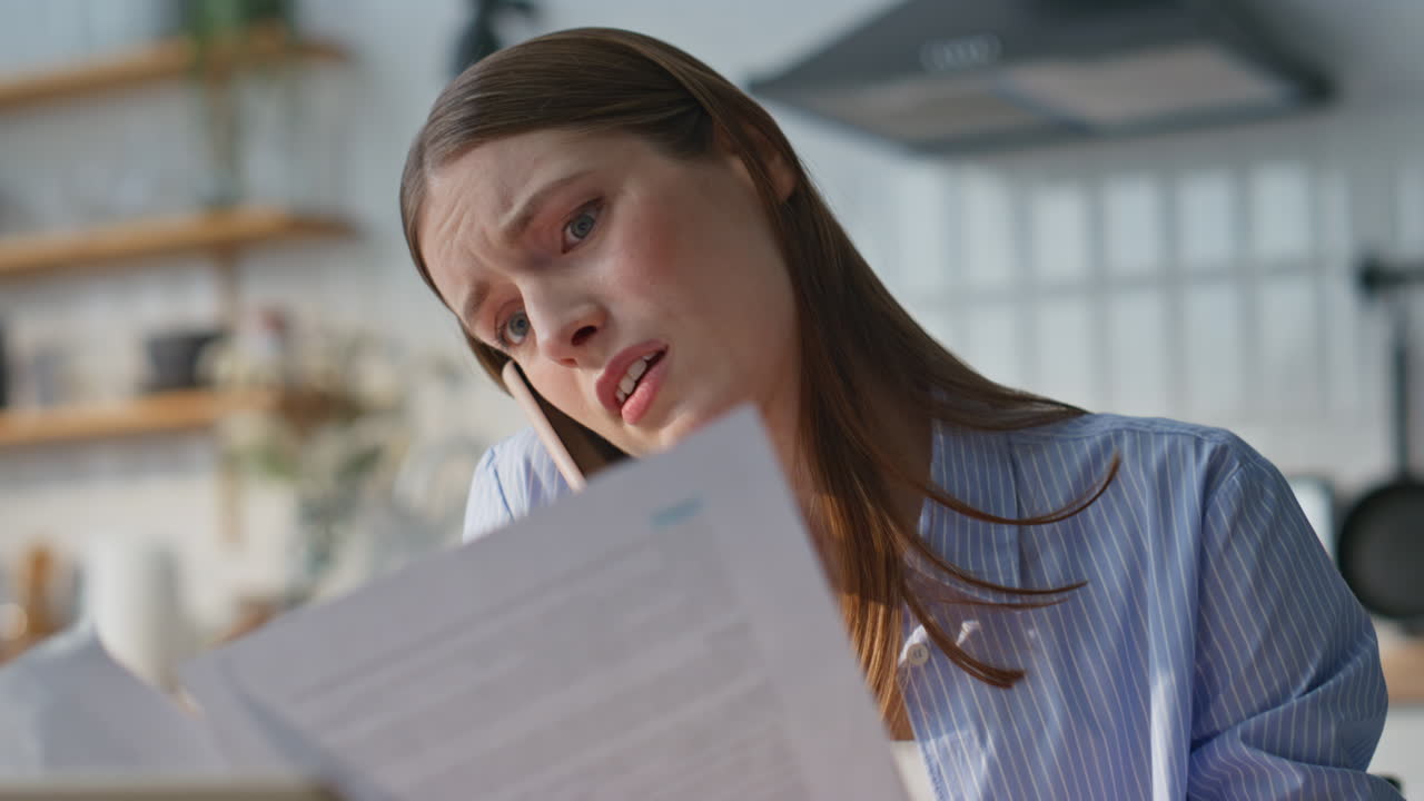 Calling businesswoman complaining paperwork sitting home office closeup