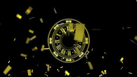 animation of clock showing midnight and fireworks exploding on black background