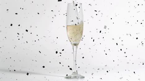 Animation-of-champagne-glasses-and-champagne-pouring,-with-confetti-falling-on-white-background