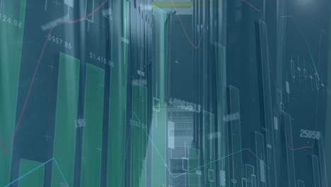 animation of multiple graphs and numbers moving over data server room