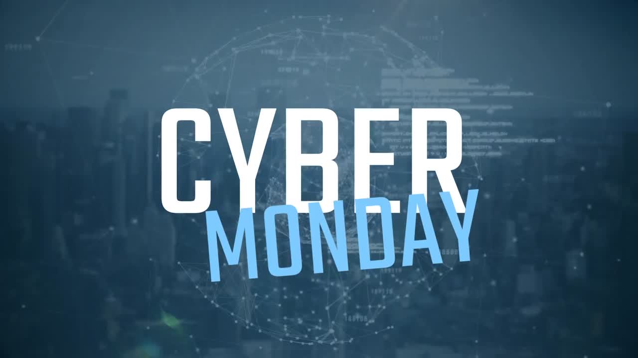 Cyber Monday sign against connecting lines globe and digital screen 4k