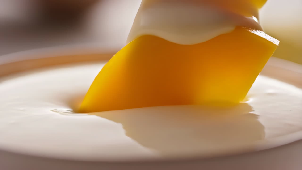 Una fetta di mango giallo vivace immersa in yogurt bianco cremoso.