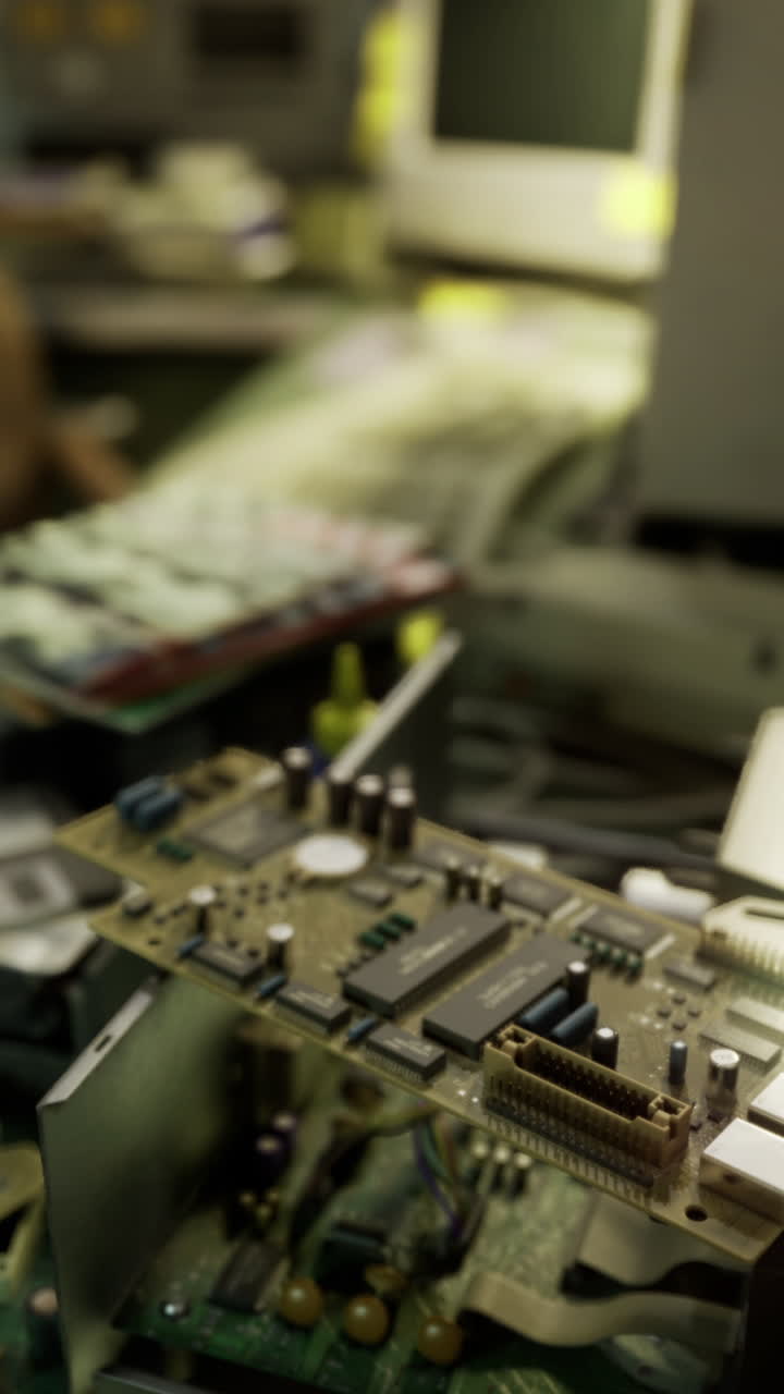 Componenti elettronici smontati su un banco da lavoro ingombro in un laboratorio
