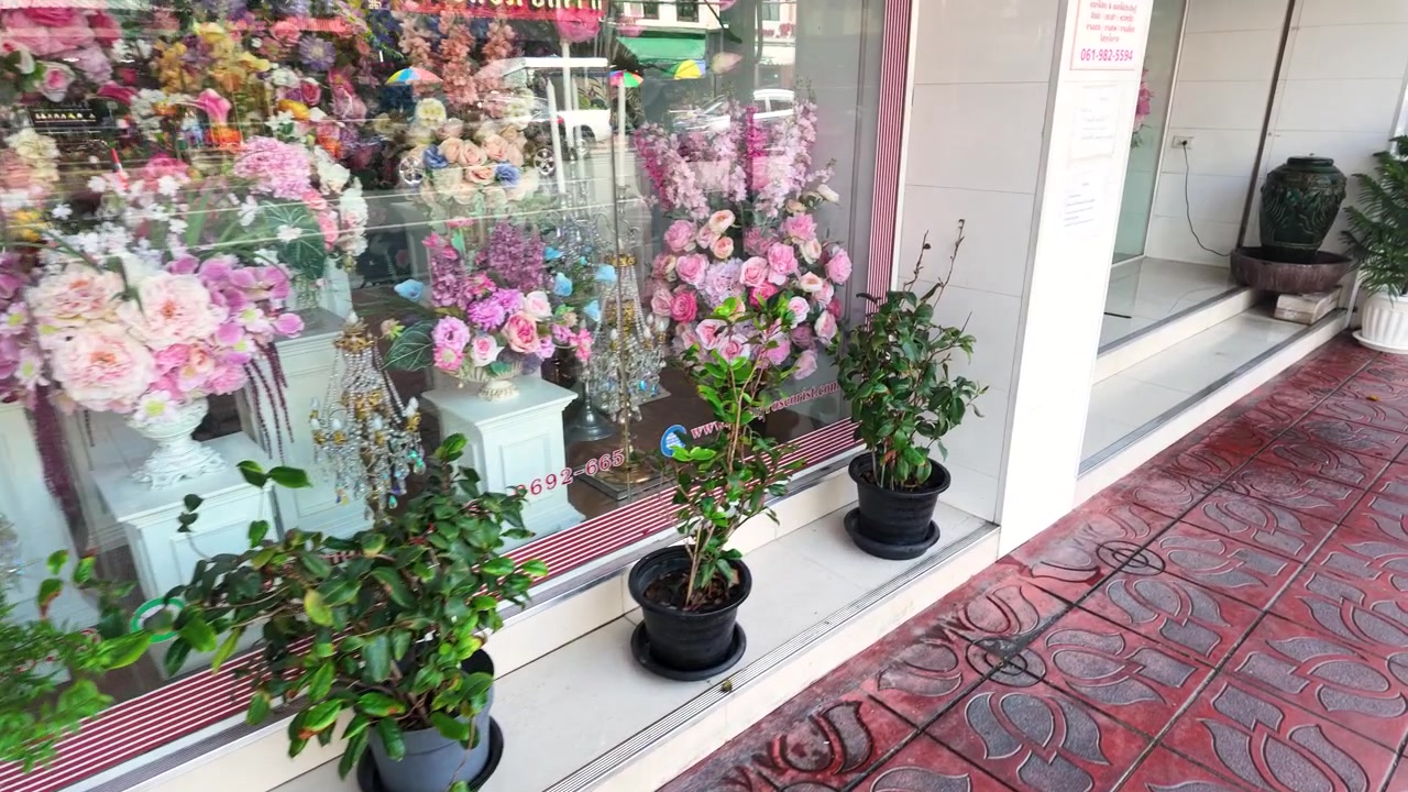 Plano medio de un escaparate floral con rosas rosadas y plantas verdes en maceta