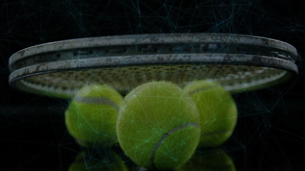 Tennis racket head hovering above three glowing tennis balls, displaying digital network lines