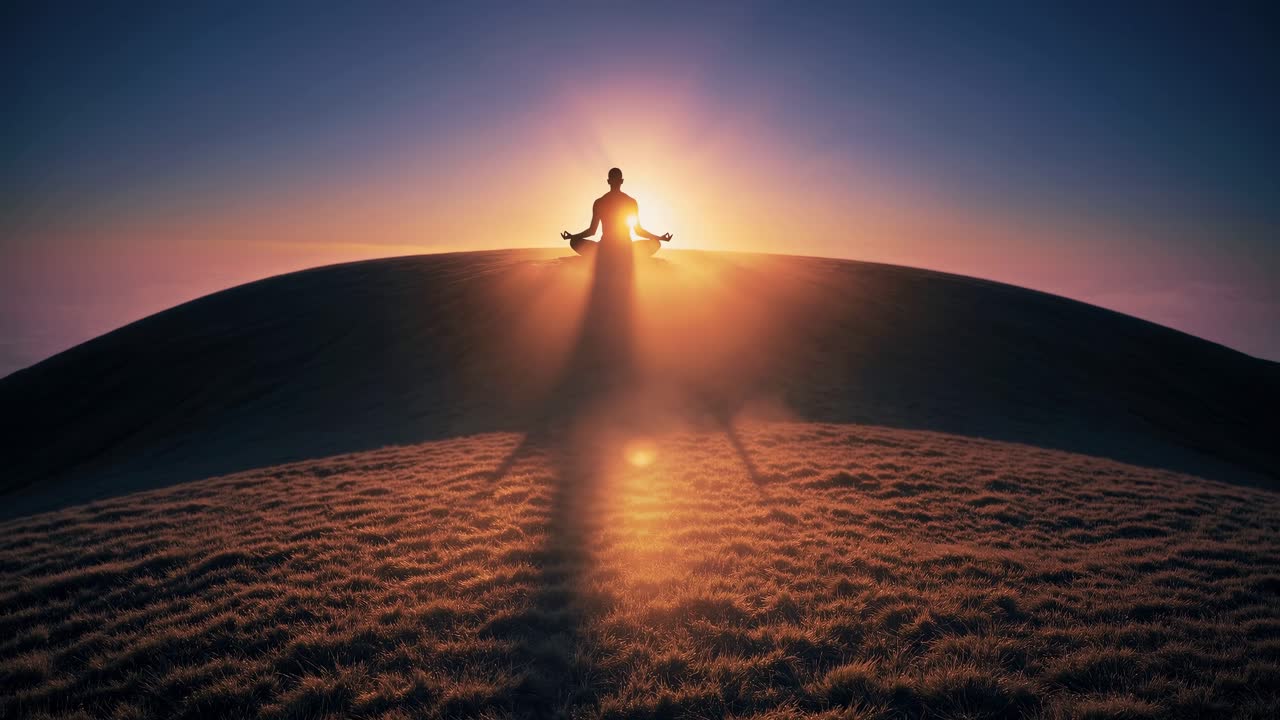 Silhouette of a person meditating on a hill at sunrise, captured from a low angle