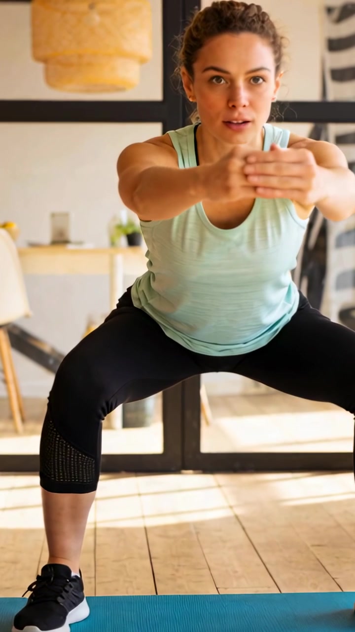 Video verticale: Donna in canotta color acqua che inizia l'allenamento a casa, ripetendo squat ampi su tappetino blu