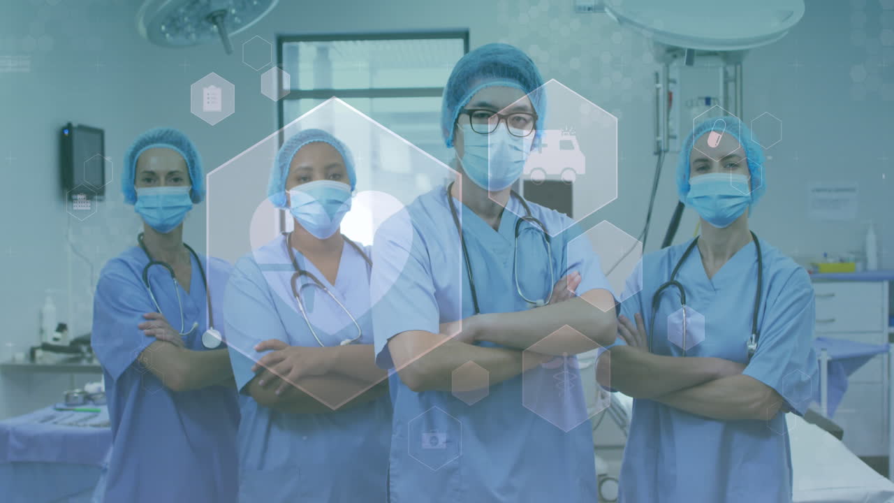 animación de compuestos químicos sobre cirujanos con máscaras faciales en el quirófano