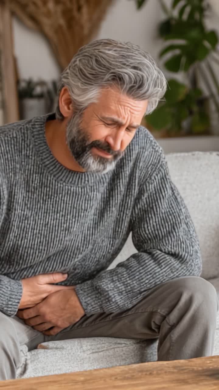Man Experiencing Discomfort While Sitting on Sofa, Gripping His Stomach in Pain, Showcasing Signs of Distress and Concern Over His Well-being