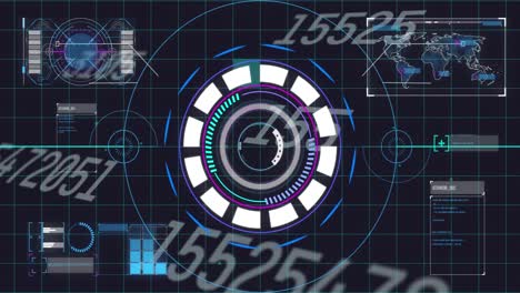 animación del escaneo del alcance y los números que cambian sobre la cuadrícula y el mapa del mundo en el fondo
