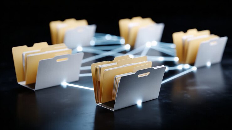 An Overview of a Digital Filing System Representing Organized Data Through Connected Folders and Networked Paths Highlighting Efficient Data Management Processes