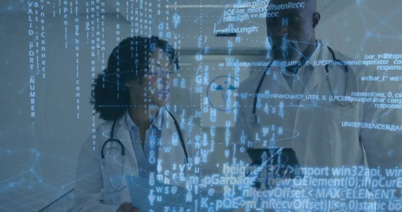 Physicians analyzing medical data overlay, female pointing chart, male tapping tablet causing graph