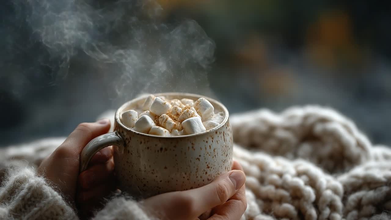A cozy moment captured with warm hot chocolate topped with fluffy marshmallows, steam rising gently as hands embrace the comforting mug on a chilly day