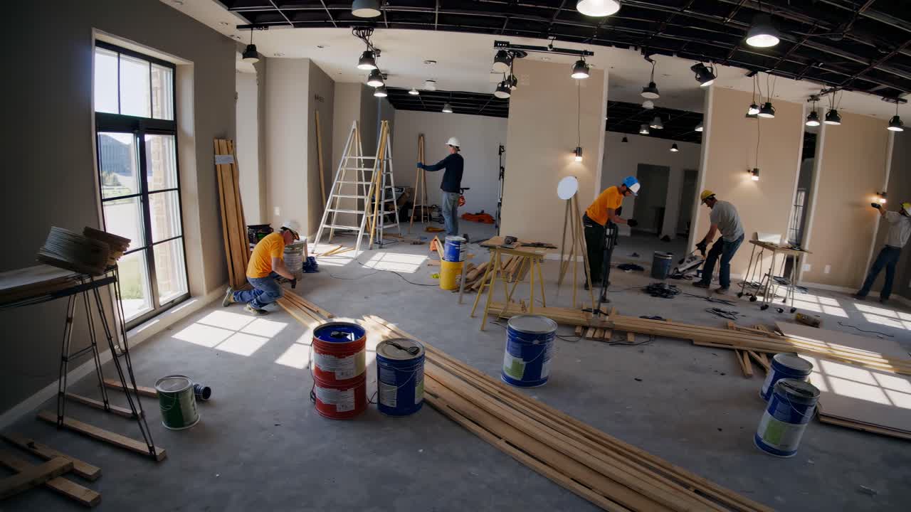Weitwinkelaufnahme einer Baustelle in Innenräumen, die Arbeiter bei der Arbeit zeigt