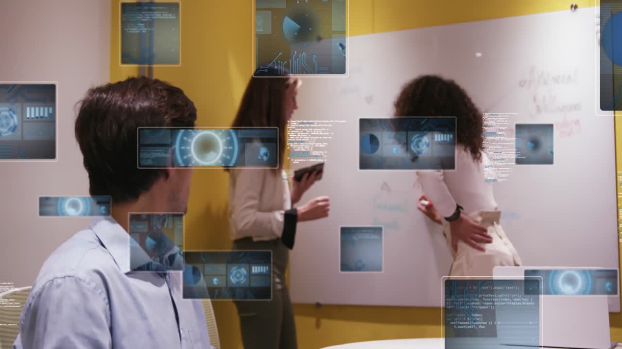 Animation of graphs, radars, globe and computer language over diverse coworkers discussing in office