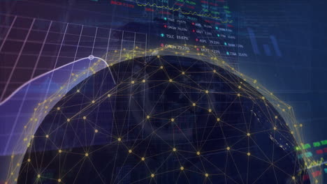 animation of connected dots around globe over graphs, trading board and globe on abstract background