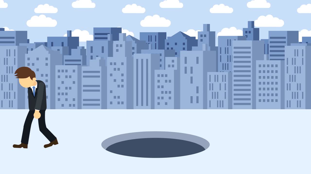 Business man jump over the hole. Background of buildings. Risk concept. Loop illustration in flat style.