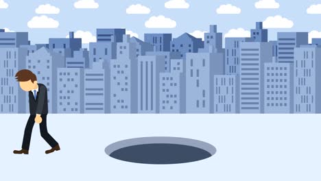 business man jump over the hole. background of buildings. risk concept. loop illustration in flat style.