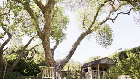 treehouse with slide and rope bridge in backyard, surrounded by lush greenery