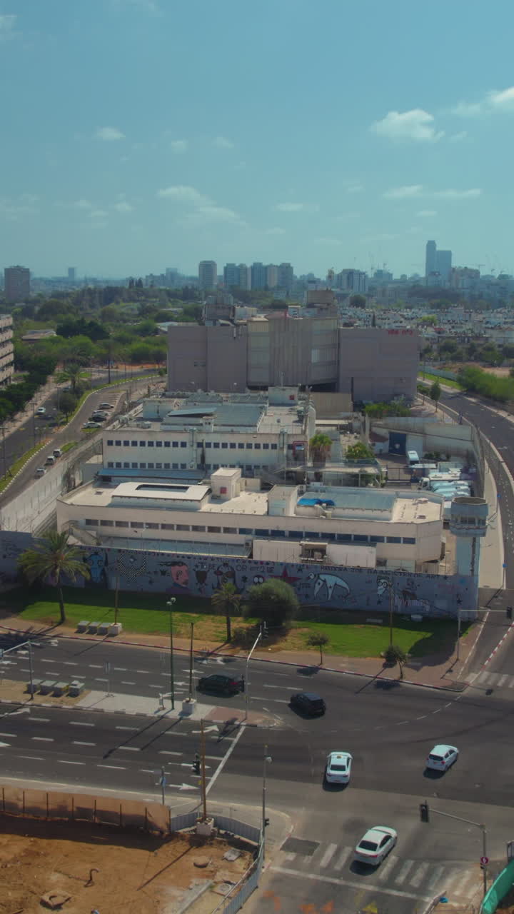 Aerial view of a city with buildings and roads