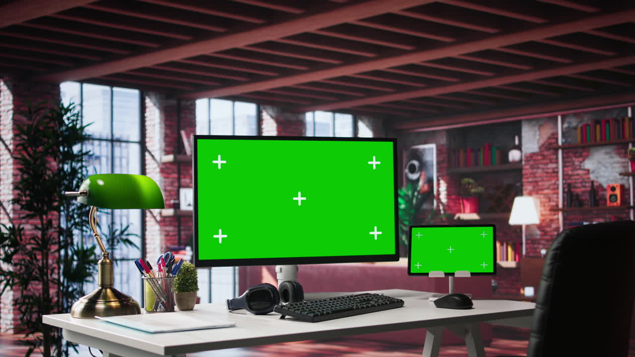 Statement interior with clean desk and chroma key screen running on monitor