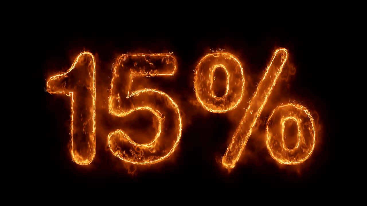 15% de descuento en palabras animadas calientes que queman un bucle de llamas de fuego realista.