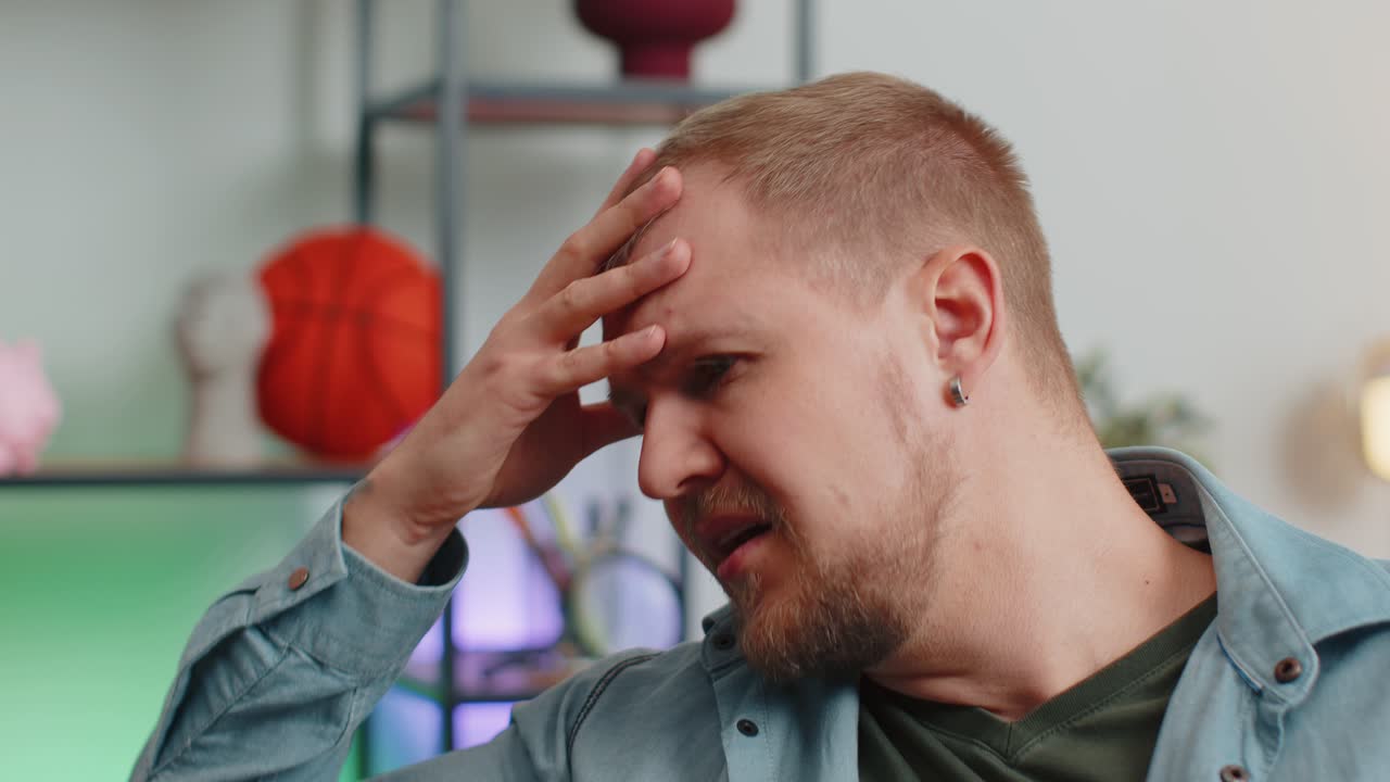 Adult man at home suffers from unfair situation problem break up depressed feeling bad impotence